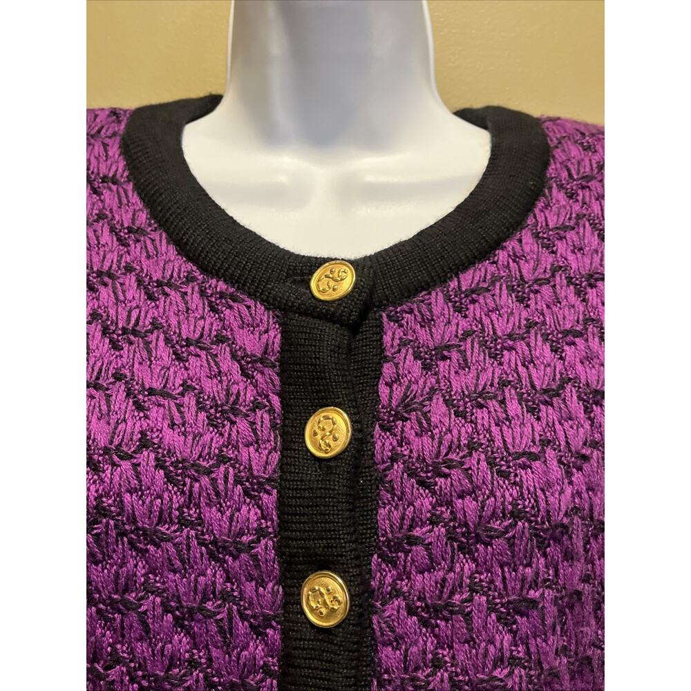 Mondi Vintage Cardigan Sweater Size 38 / M Purple Black 80s Gold Buttons Heavy - Picture 4 of 15